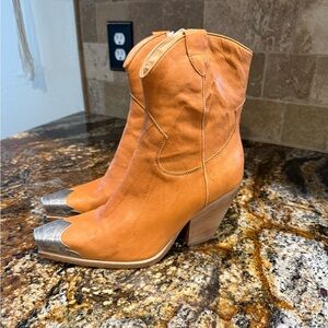 Free People Tan Leather Heeled Boots with Silver Tips